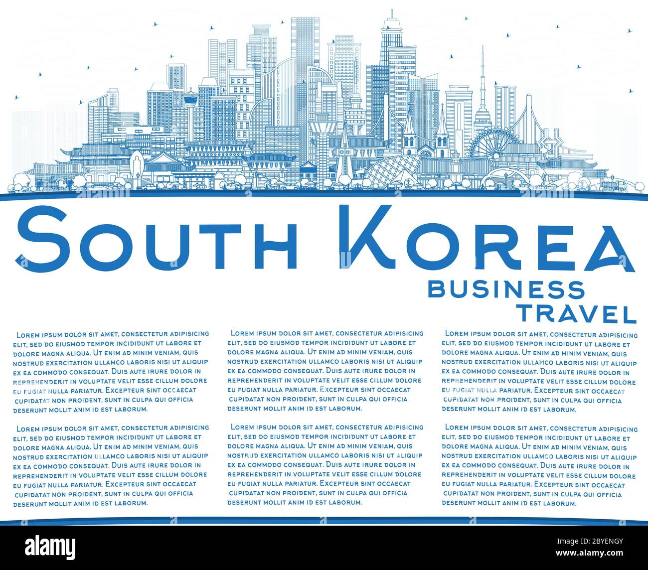 Skizzieren Sie Südkorea City Skyline mit blauen Gebäuden und Copy Space. Vektorgrafik. Stock Vektor