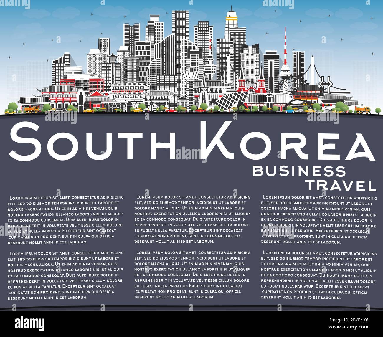 Südkorea City Skyline mit grauen Gebäuden, Blue Sky und Copy Space. Vektorgrafik. Tourismuskonzept mit historischer Architektur. Stock Vektor