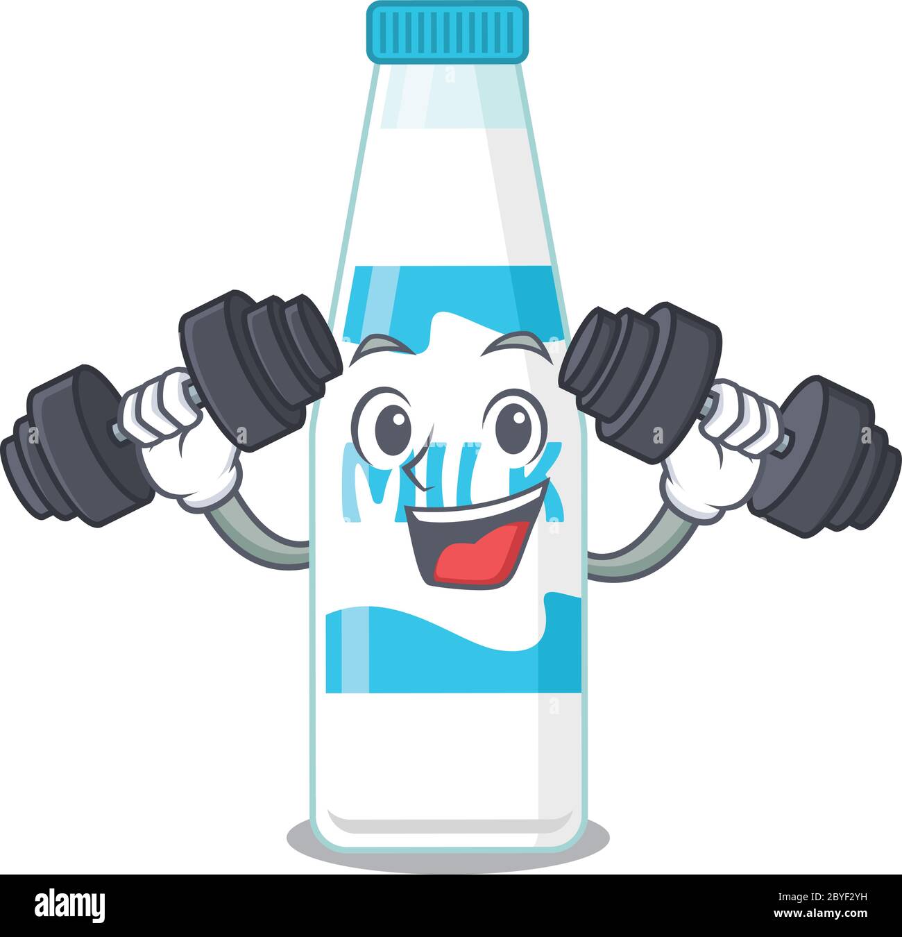Flasche Milch Maskottchen Design fühlt sich glücklich Hanteln während des Trainings zu heben Stock Vektor