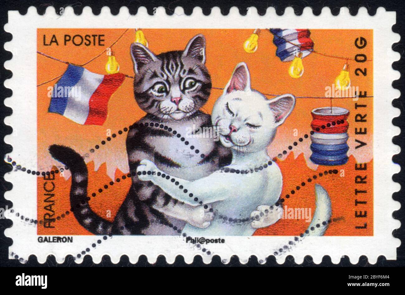 Timbre oblitéré .Chats. La Poste. Frankreich. Letter verte (Letter verte). 20 g Stockfoto