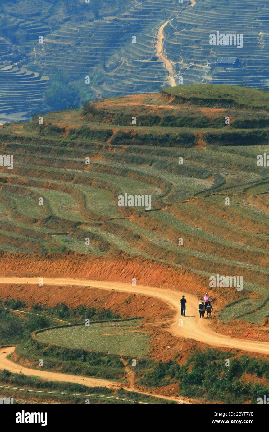 Reisenden und Hmong Dorfbewohner gehen auf Kurve Feldweg in Sapa mit und Paddel Reisfeld Stockfoto