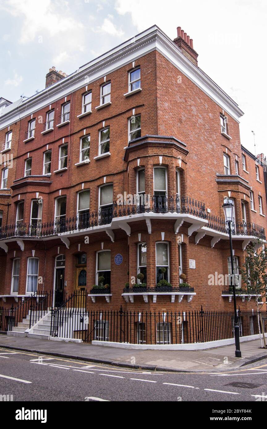 Der amerikanische Autor Mark Twain, Samuel Langhorne Clemens (1835 - 1910) lebte in diesem viktorianischen Haus 1896 - 7. Chelsea, London. Stockfoto