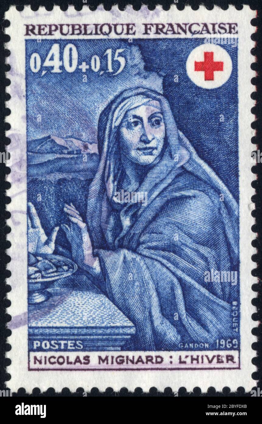 Timbre oblitéré Nicolas Mignard. L'hiver. République Francaise. 0,40+0,15. Postes. 1969. Stockfoto