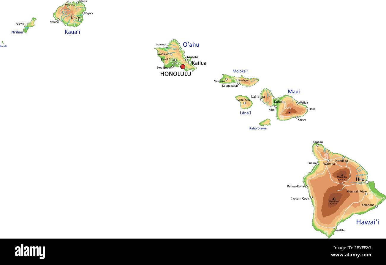 Detaillierte Hawaii-Karte mit Beschriftung. Stock Vektor