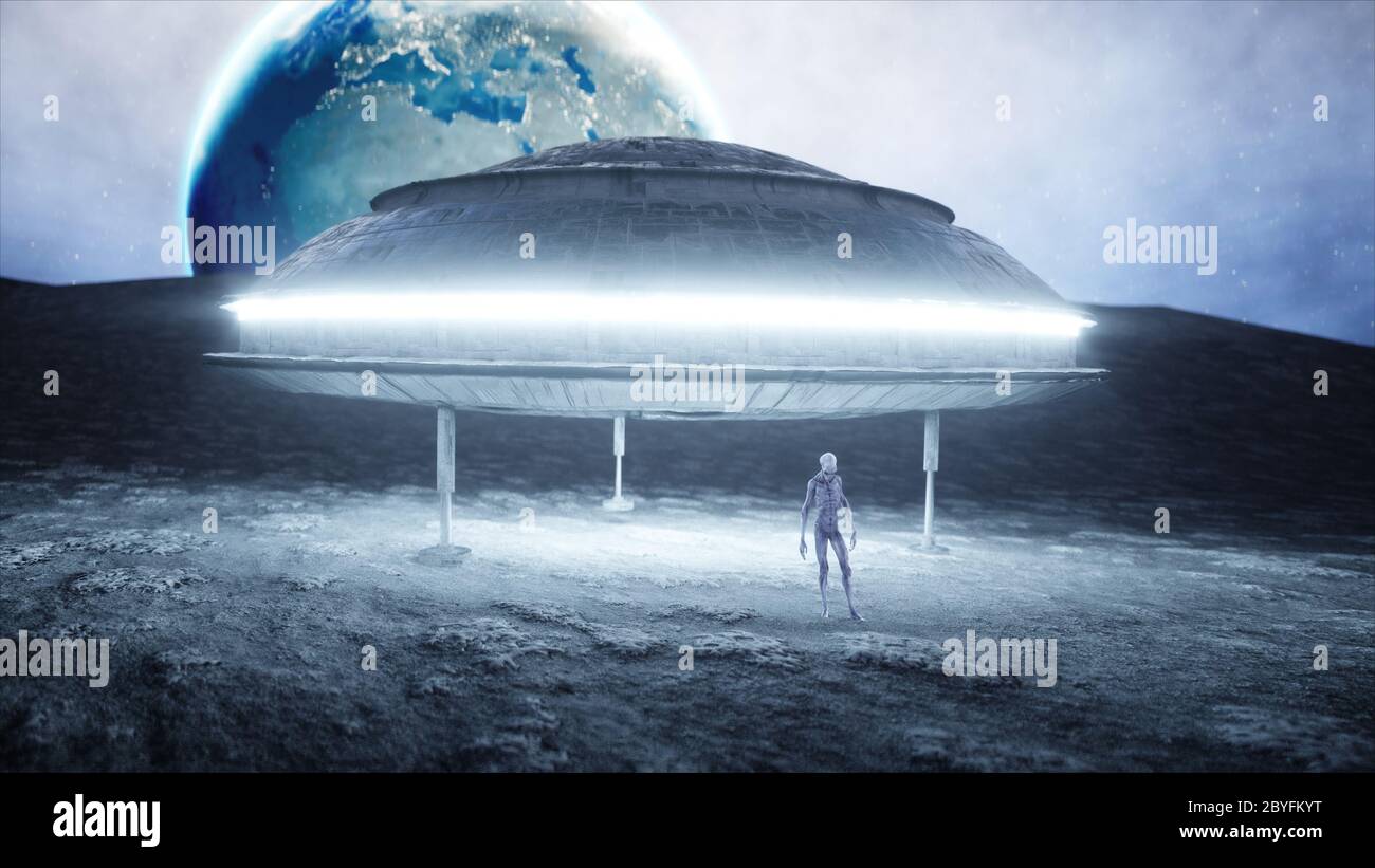 Fliegende Untertasse mit Alien auf dem Mond. UFO-Konzept. Realistische Metallshader. 3d-Rendering. Stockfoto