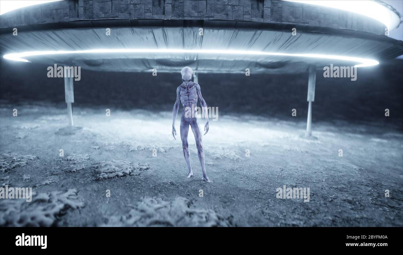 Fliegende Untertasse mit Alien auf dem Mond. UFO-Konzept. Realistische Metallshader. 3d-Rendering. Stockfoto