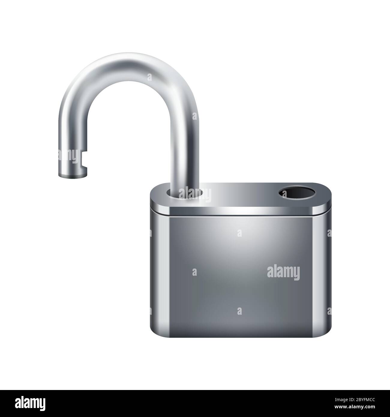 Realistische offene Metall Silber Vorhängeschloss Symbol isoliert auf weißem Hintergrund. Design-Vorlage für Schutz Privatsphäre. Stock Vektor