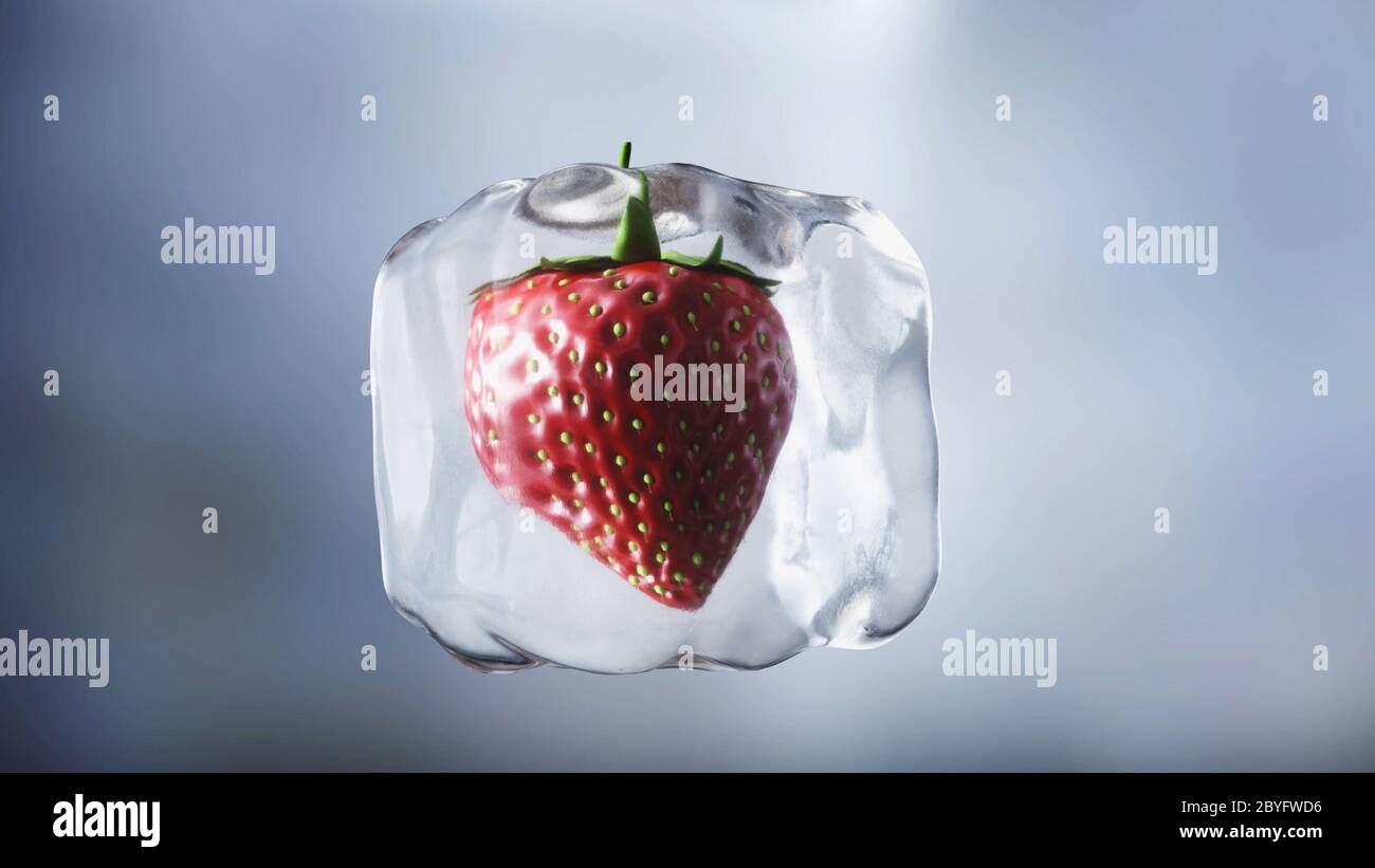 Erdbeere in Eiswürfeln. Food und Broadcast Konzept. Realistische Eismaterialien. 3d-Rendering. Stockfoto