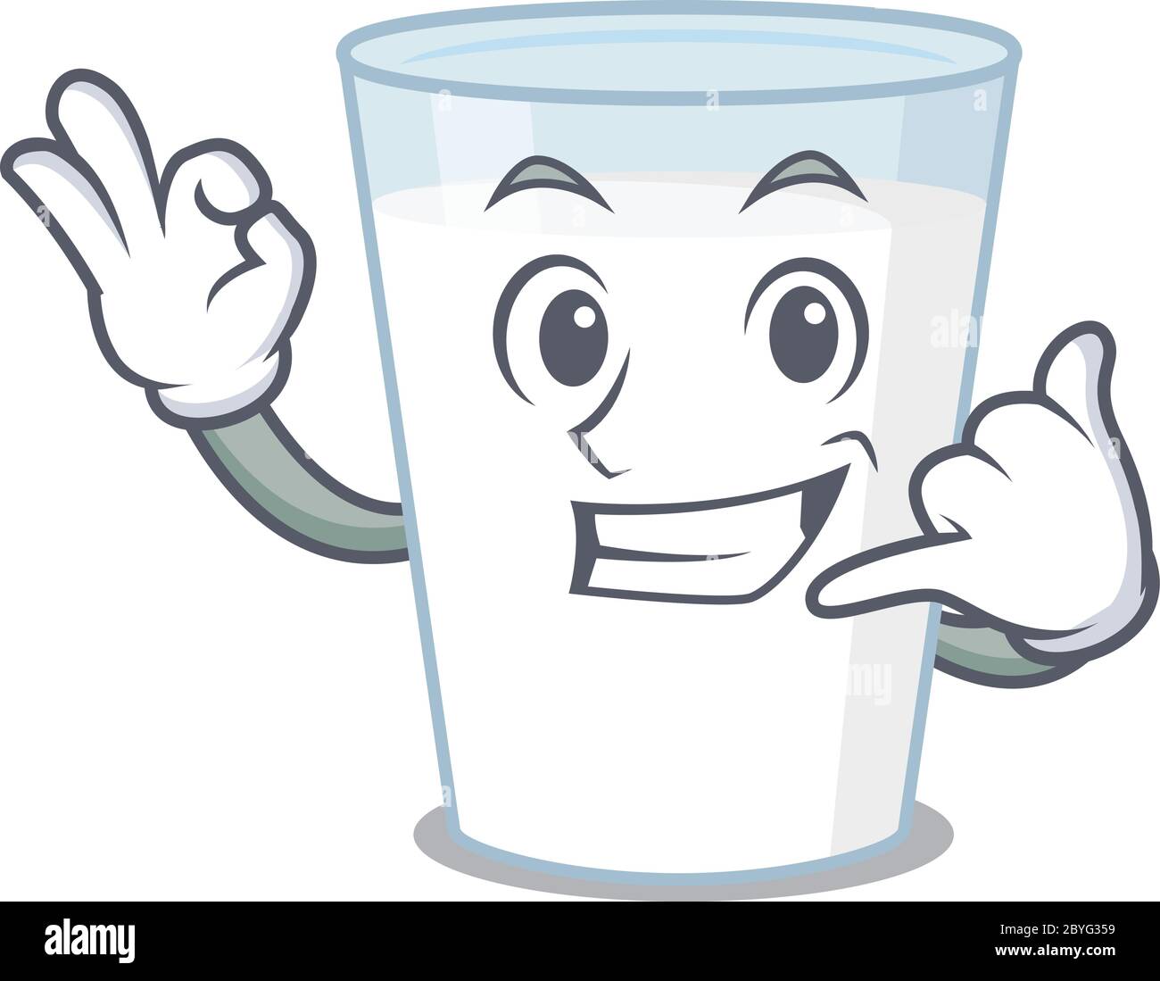 Karikatur-Design von Glas Milch zeigen nennen mich lustige Geste Stock Vektor