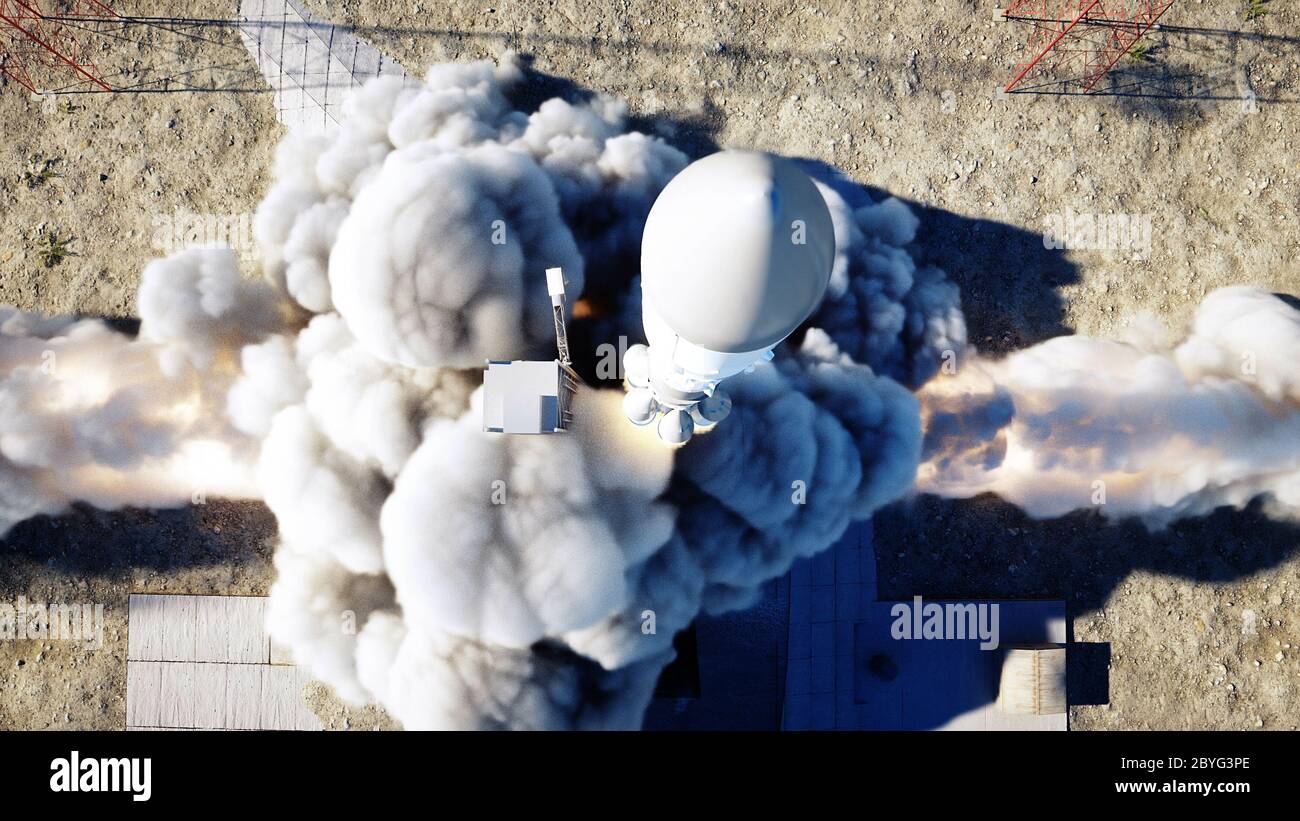 Raketenstartanimation. Tageslicht. Space Launch System. 3d-Rendering. Stockfoto