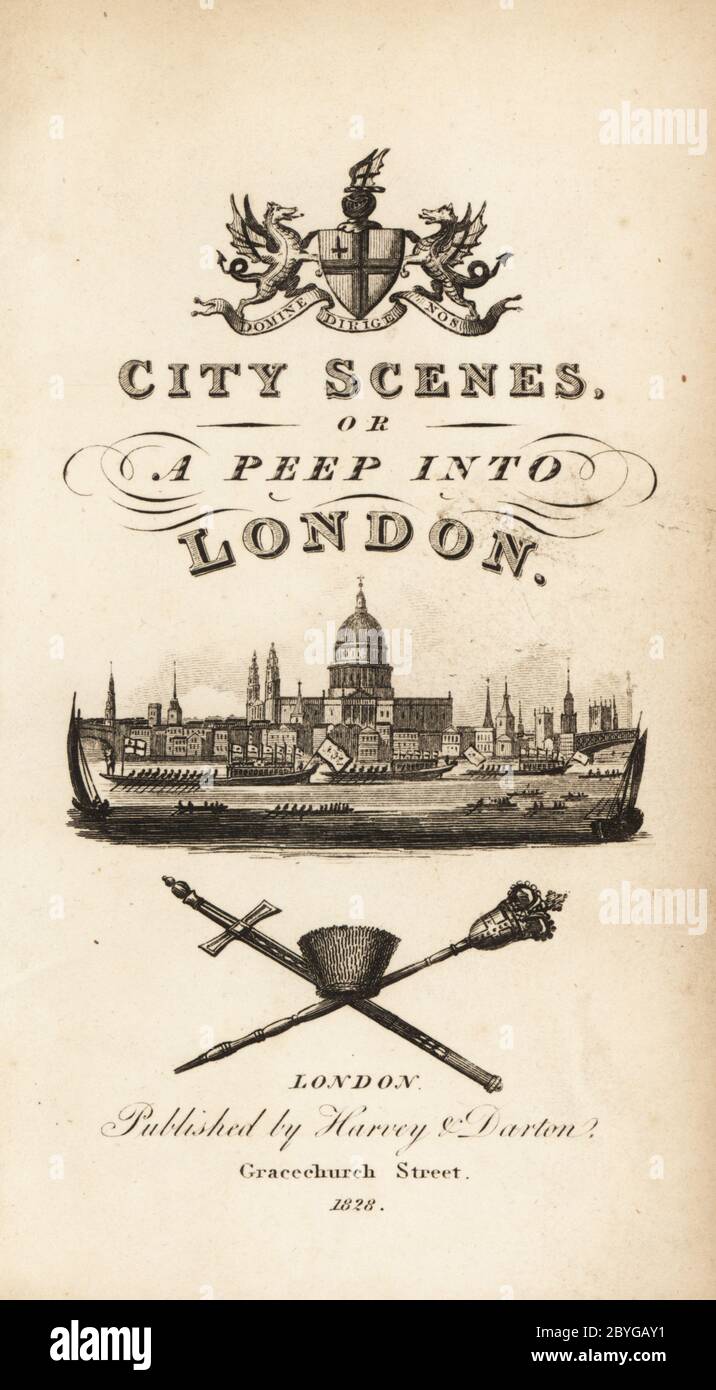 Kalligrafische Titelseite mit Vignette der Stadt London mit der St. Paul’s Cathedral. Holzschnitt-Gravur nach einer Illustration von Isaac Taylor aus City Scenes, oder A Peep into London, von Ann Taylor und Jane Taylor, herausgegeben von Harvey and Darton, Gracechurch Street, London, 1828. Die englischen Schwestern Ann und Jane Taylor waren im frühen 19. Jahrhundert fruchtbar romantische Dichter, Illustratoren und Autoren von Kinderbüchern. Stockfoto