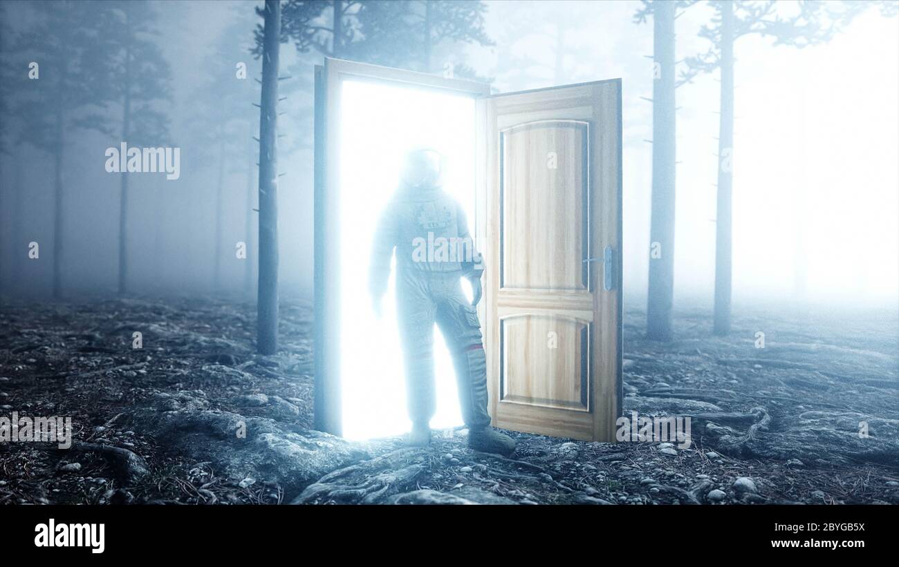 Astronaut im Nebelnachtschauenwald. Lichtportal Tür. Landeplatz. 4K-Animation. 3d-Rendering. Stockfoto