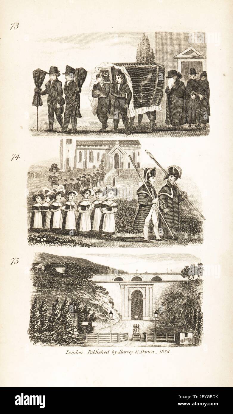 Die Beerdigung, die Wohltätigkeitskinder und Highgate Tunnel. Zwei Kinder trauern ihre Mutter in einer Trauerprozession 73, Pfarrei Perlen führen eine Parade von Kindern aus einer Wohltätigkeitsschule 74 und Bus fahren durch Highgate Tunnel und Archway im Jahr 1821 75 abgeschlossen. Holzschnitt-Gravur nach einer Illustration von Isaac Taylor aus City Scenes, oder A Peep into London, von Ann Taylor und Jane Taylor, herausgegeben von Harvey and Darton, Gracechurch Street, London, 1828. Die englischen Schwestern Ann und Jane Taylor waren im frühen 19. Jahrhundert fruchtbar romantische Dichter und Schriftsteller von Kinderbüchern. Stockfoto