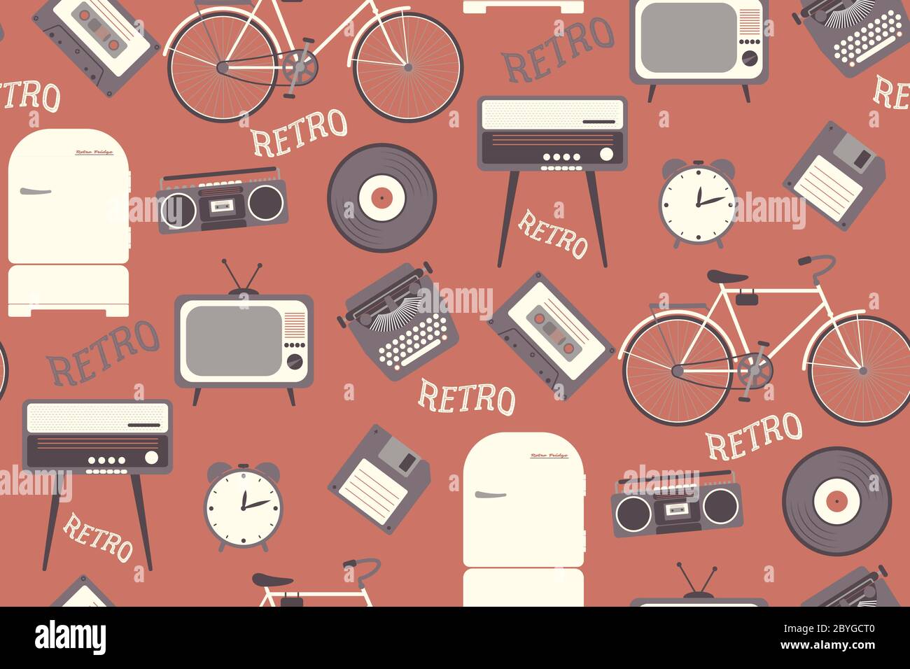 Nahtloses Muster mit 80s Jahre alten Objekten. Retro-Style, flaches d Stock Vektor