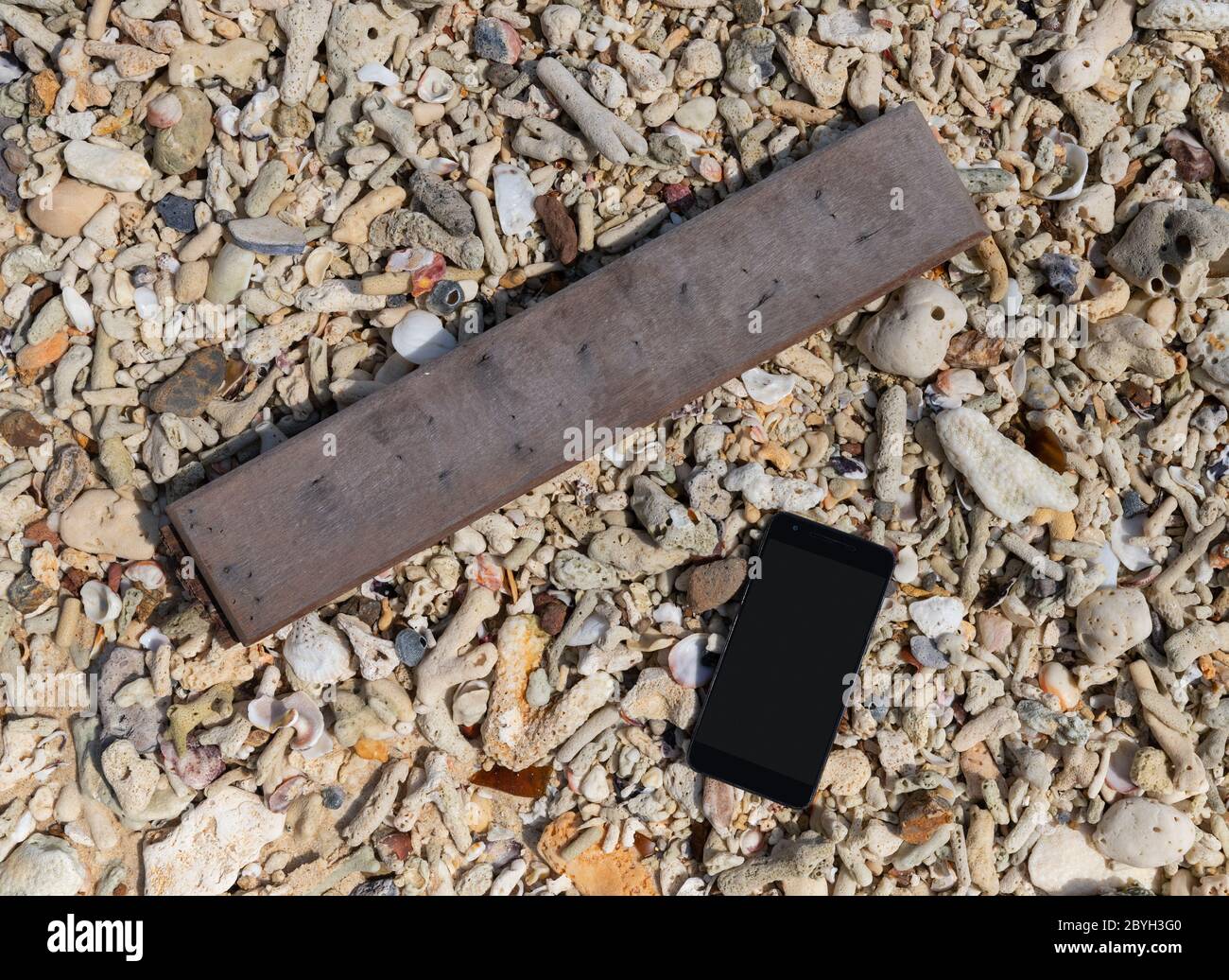 Altes leeres Holzschild am tropischen Strand Stockfoto