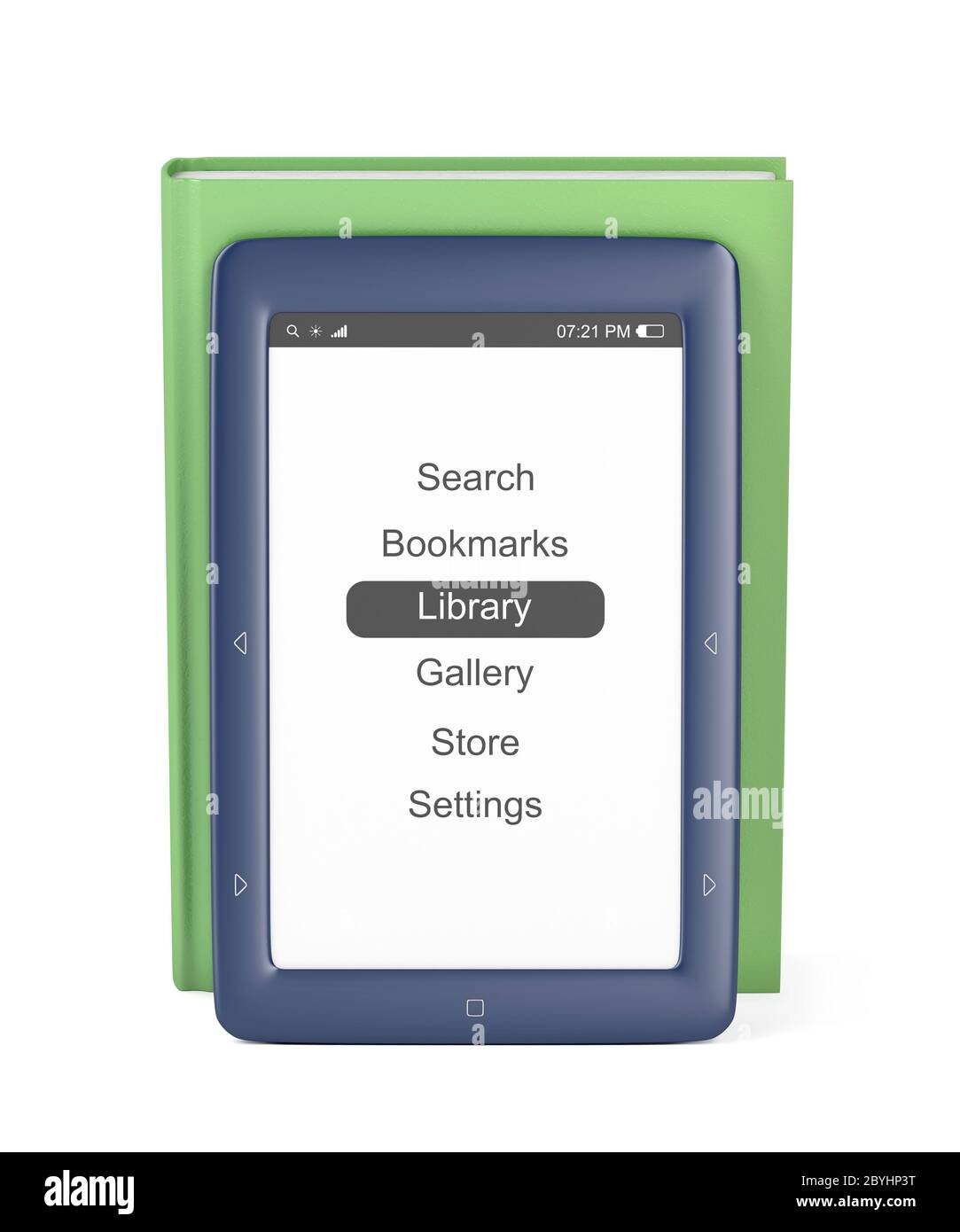 Blauer E-Book-Reader und grünes Buch auf weißem Hintergrund Stockfoto