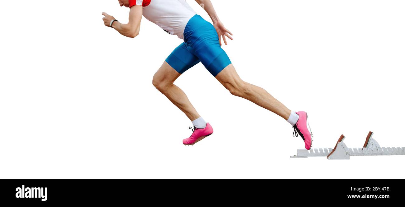 Athlet Sprinter Läufer starten isoliert auf weißem Hintergrund laufen Stockfoto