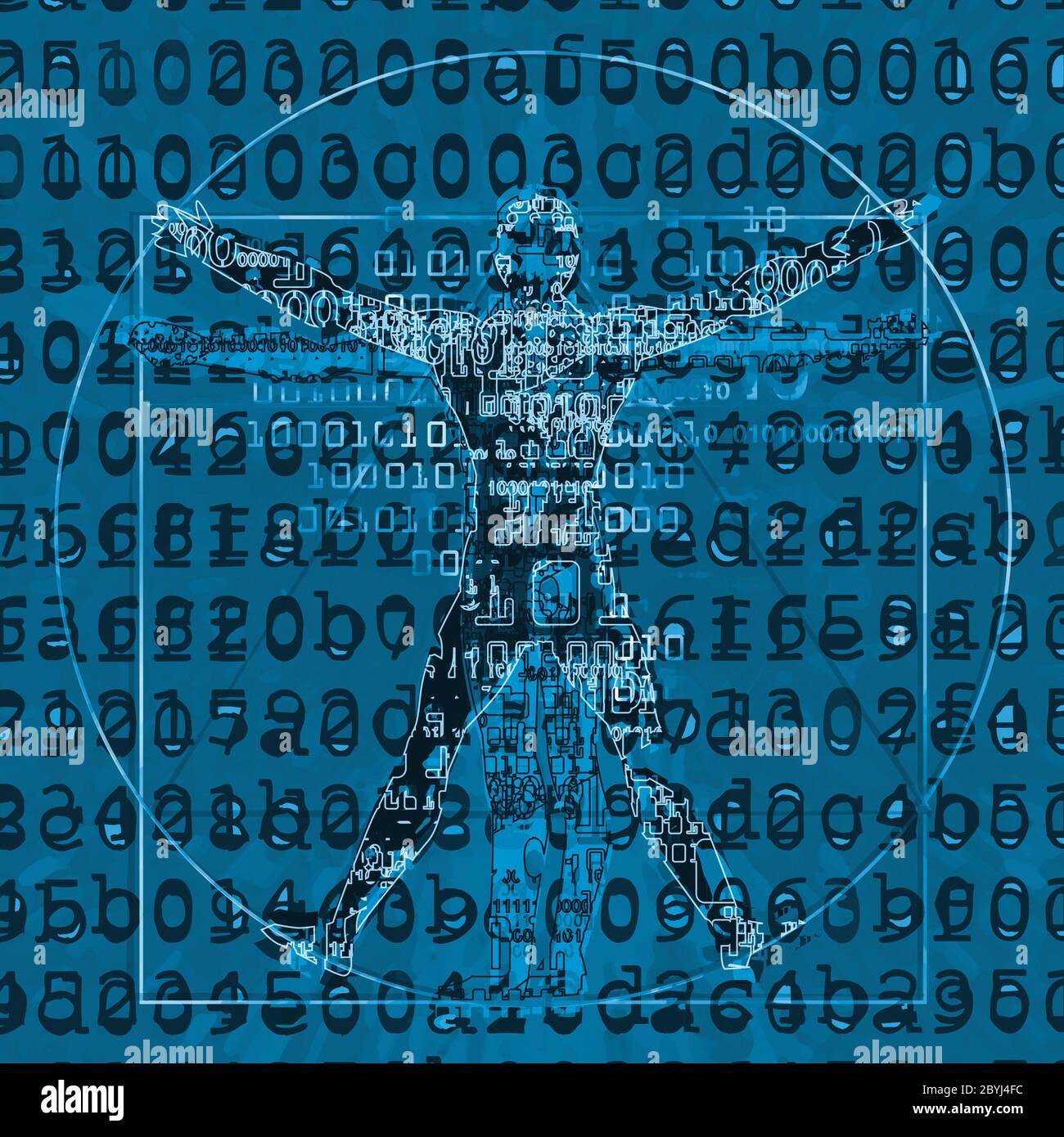 Moderner vitruvianischer Mensch mit zerstörten Buchstaben und Binärcodes. Futuristisches Grunge stilisierte Illustration des vitruvianischen Menschen. Stockfoto