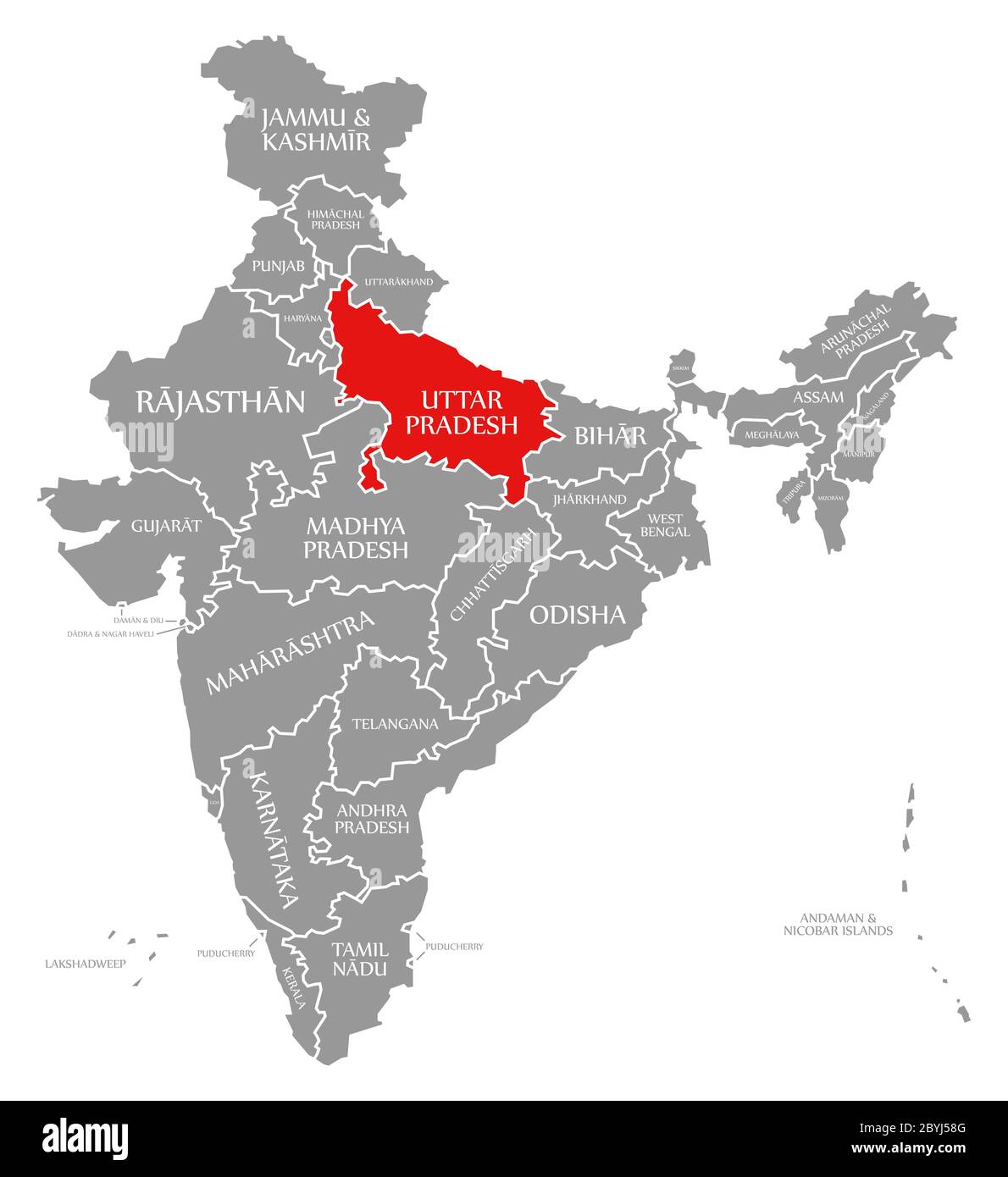 Uttar Pradesh rot hervorgehoben Karte von Indien Stockfoto