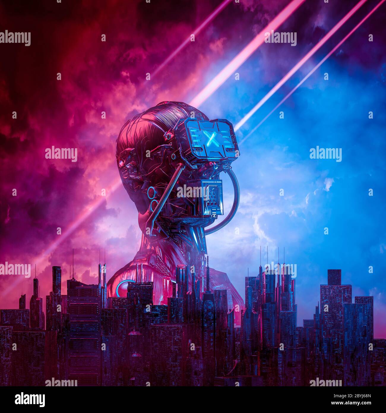 Android Red Dawn / 3D-Illustration von männlichen Science Fiction humanoiden Cyborg steigt hinter der modernen Stadt gegen ominösen Himmel Stockfoto