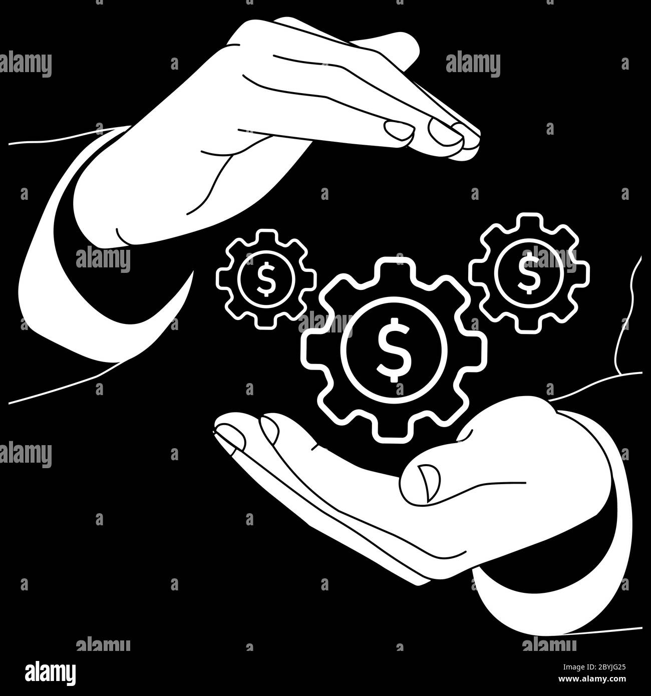 Die Hände halten ein Zahnrad mit Geld oder ein Dollar-Rechnung flaches Logo-Symbol in weißer Farbe auf einem isolierten schwarzen Hintergrund. Vektor EPS 10. Stock Vektor
