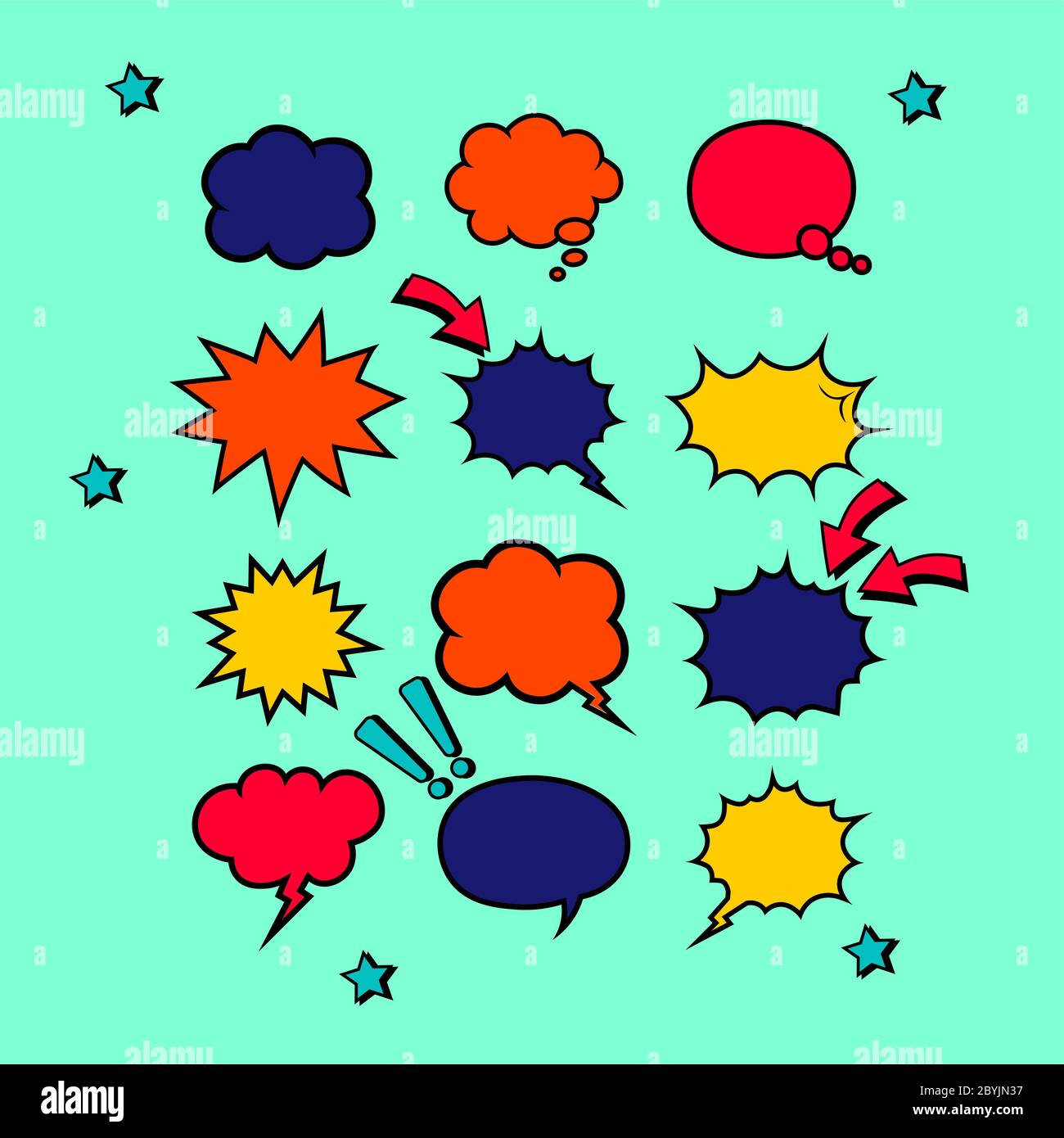 Retro leere Comic-Blasen in hellen Farben oder Sprache und Gedanken-Symbol auf isolierten Hintergrund gesetzt. Pop Art-Stil, Vintage-Design. Vektor EPS 10. Stock Vektor