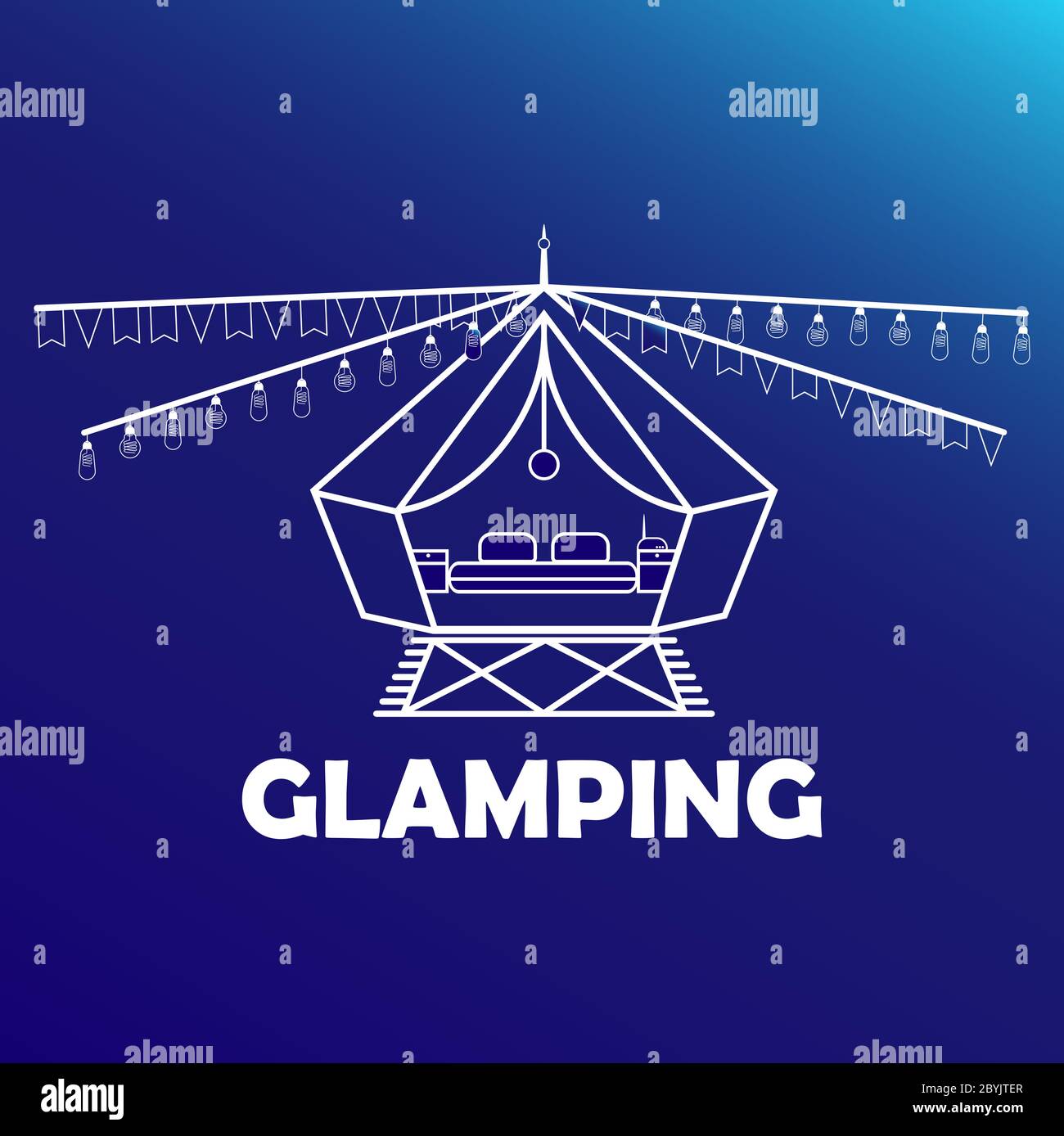 Glamping oder Camping mit Zelt-Ikone und Glühbirne in weißen Farben, isoliert Phantom blauen Hintergrund. Komfort, WLAN. Vektor EPS 10. Stock Vektor