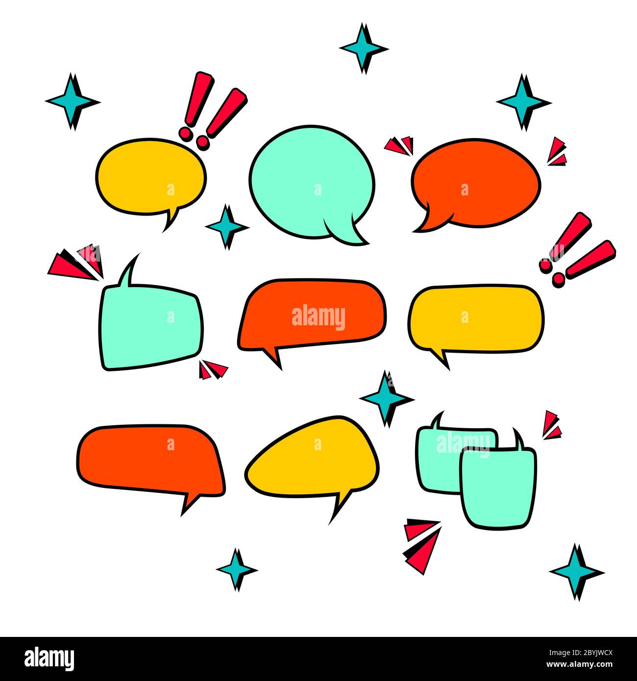 Retro leere Comic-Blasen in hellen Farben oder Sprache und Gedanken-Symbol auf isolierten weißen Hintergrund gesetzt. Pop Art-Stil, Vintage-Design. Vektor EPS 10. Stock Vektor