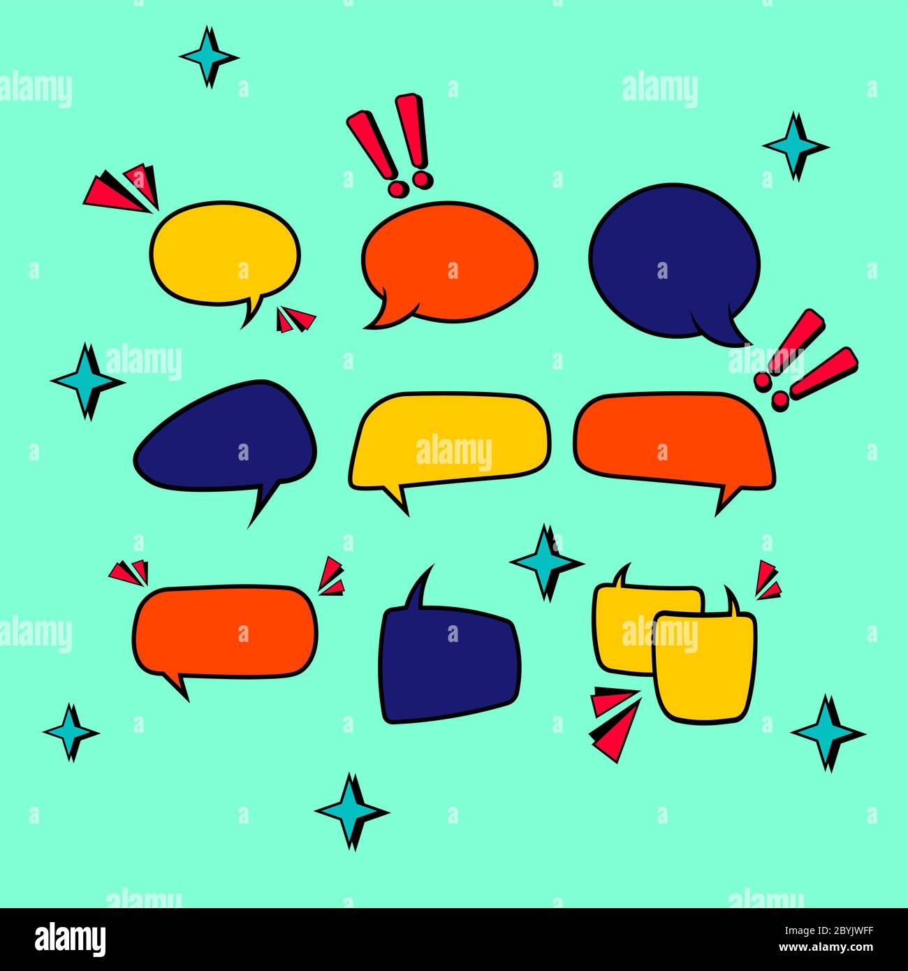 Retro leere Comic-Blasen in hellen Farben oder Sprache und Gedanken-Symbol auf isolierten Hintergrund gesetzt. Pop Art-Stil, Vintage-Design. Vektor EPS 10. Stock Vektor