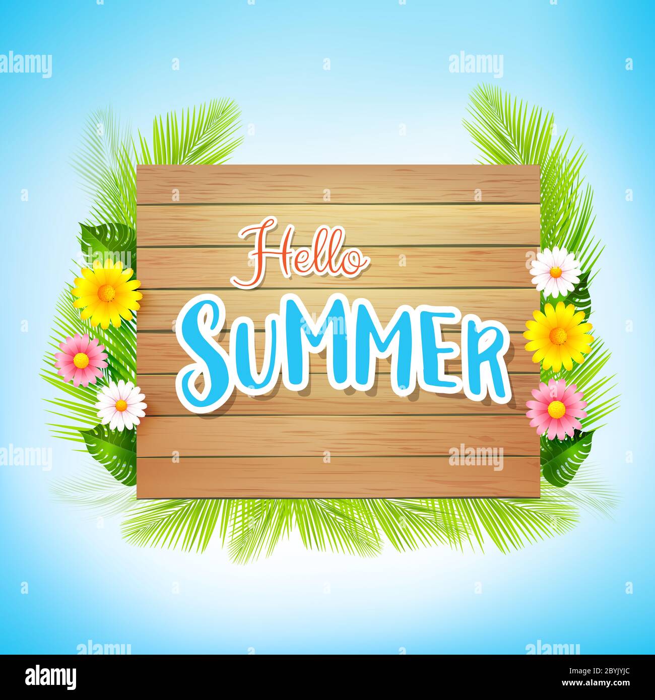 Hallo Sommer Text mit Holzhintergrund für Sommerurlaub Konzept, Sandstrand auf blauen Himmel Hintergrund, Vektor-Illustration Stockfoto
