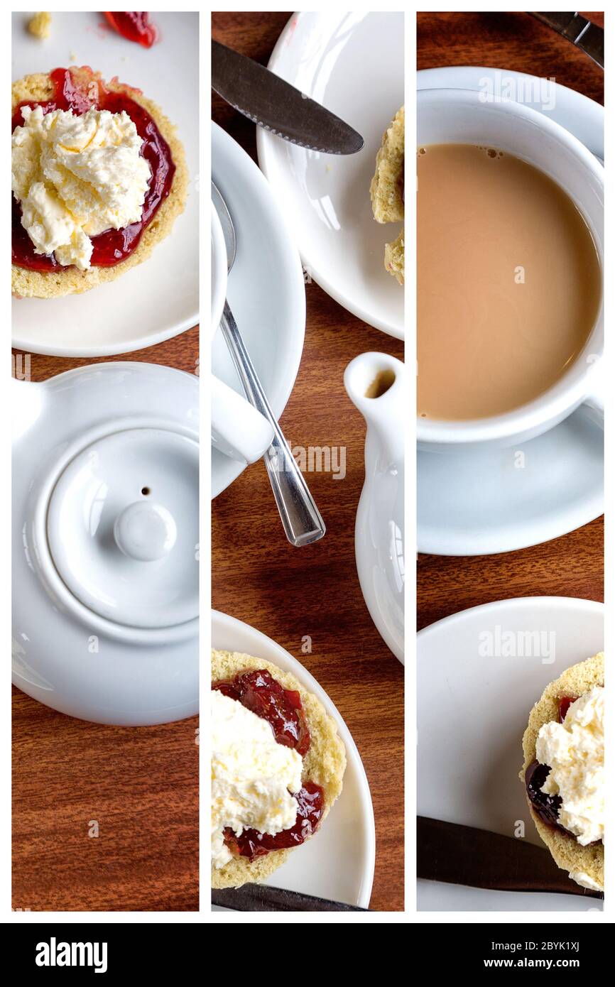 Triptychon-Collage aus traditionellem englischen Nachmittagstee mit Scones mit gerinnter Sahne und Marmelade, zusammen mit einer Tasse heißen Tee. Stockfoto