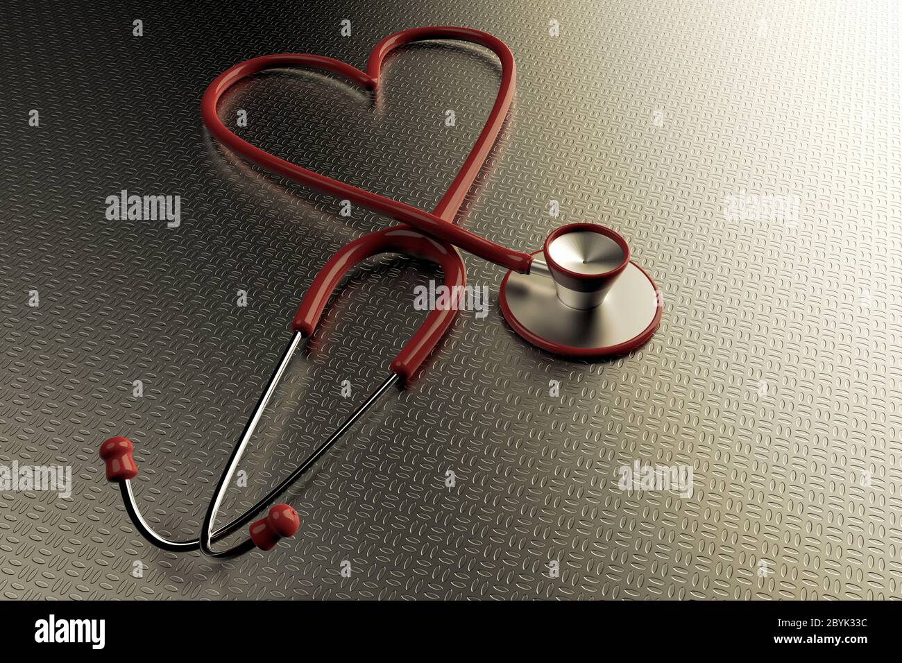 3D Renderong eines Stethoskops mit der Form eines Herzens auf einem metallischen Hintergrund. Stockfoto