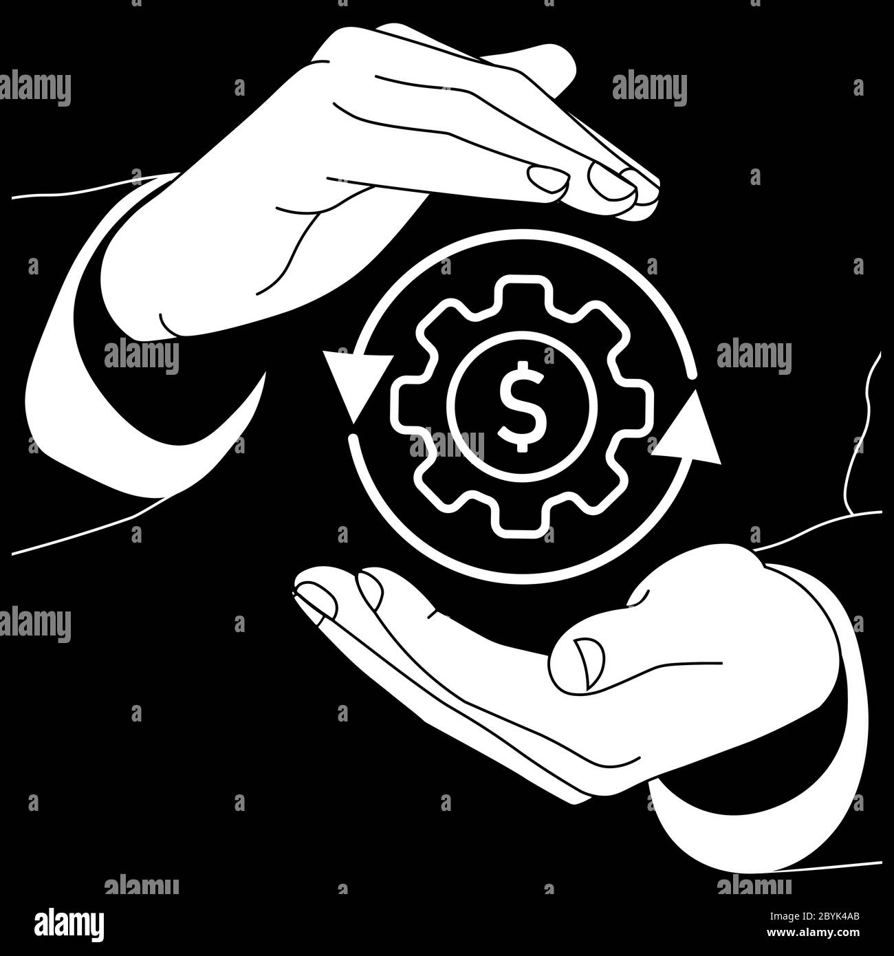 Die Hände halten ein Zahnrad mit Geld oder ein Dollar-Rechnung flaches Logo-Symbol in weißer Farbe auf einem isolierten schwarzen Hintergrund. Vektor EPS 10. Stock Vektor