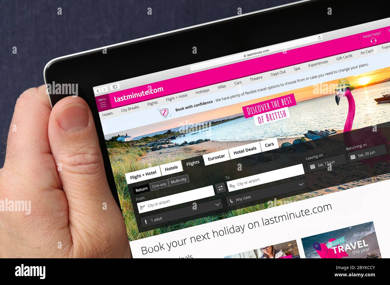 lastminute.com Website, auf einem iPad angezeigt. (Nur redaktionelle Verwendung) Stockfoto