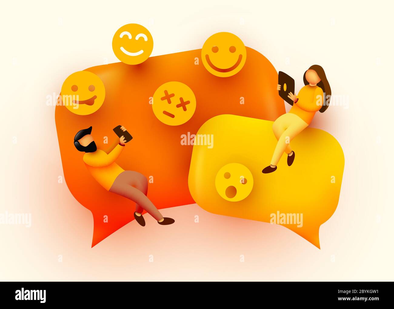 Kleine Leute fliegen um Chat Blasen und Emoji Zeichen. Sprechende Paare. Online Messenger Konzept. Vektorgrafik. Stock Vektor