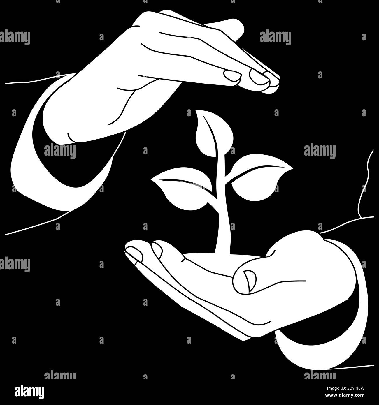 Konzept der Rettung der Erde, der Natur, der Ökologie oder zwei Händen halten die Welt mit einem Sprout Icon flat Logo in weißer Farbe auf isoliertem schwarzem Hintergrund Stock Vektor