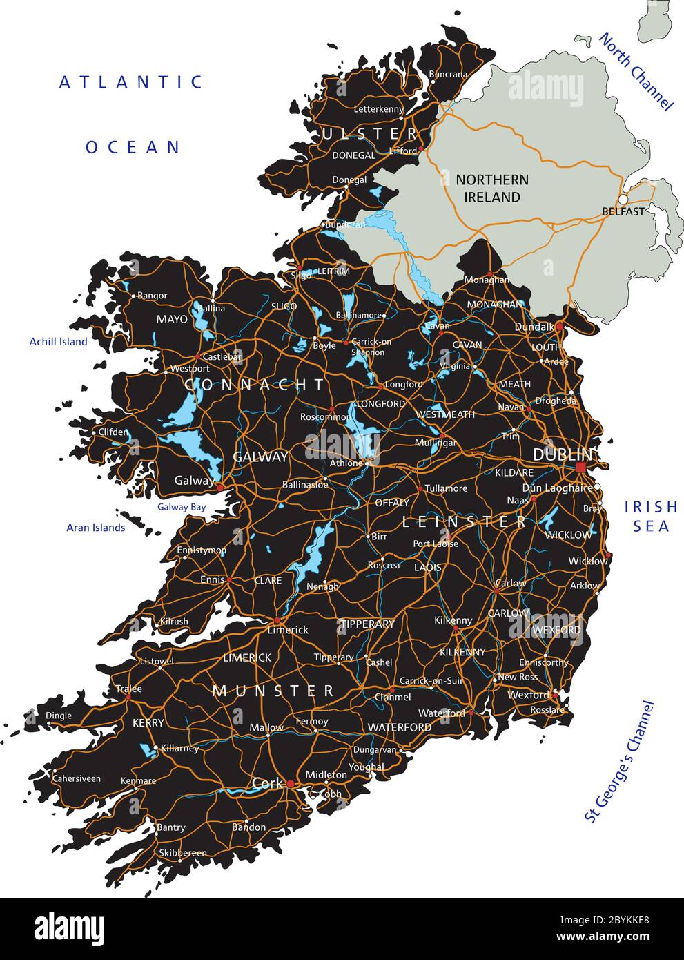 Detaillierte Irland-Straßenkarte mit Kennzeichnung. Stock Vektor