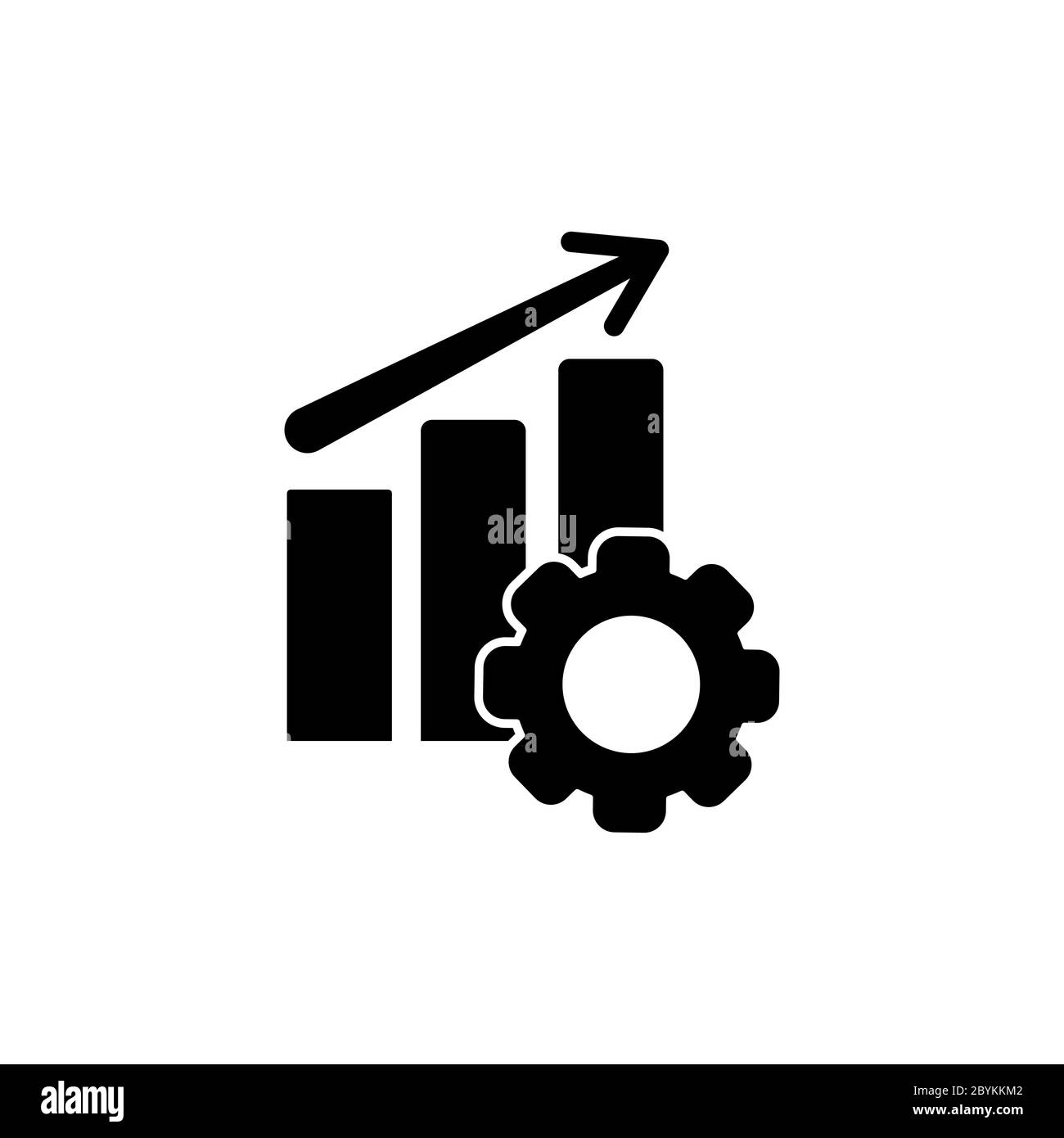 Performance-Symbol, Diagramm, Fortschritt, Pfeil nach oben und Getriebe in schwarz einfaches Design auf einem isolierten Hintergrund. Vektor EPS 10. Stock Vektor