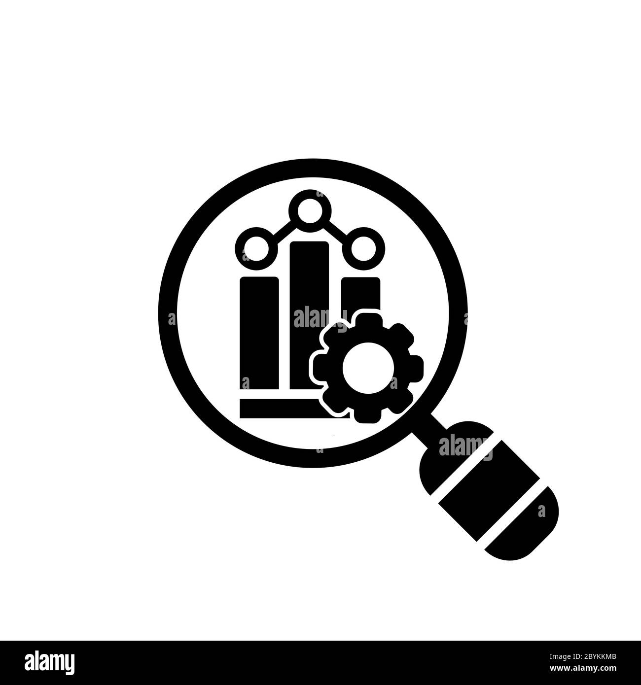 Lupe oder Lupe mit Performance-Symbol, Diagramm, Fortschritt und Ausrüstung in schwarz einfaches Design auf einem isolierten Hintergrund. Vektor EPS 10. Stock Vektor