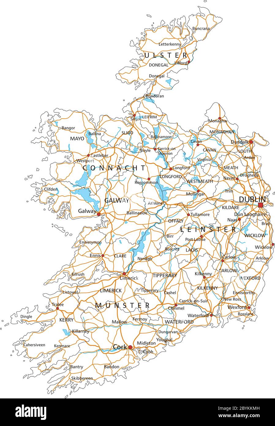 Detaillierte Irland-Straßenkarte mit Kennzeichnung. Stock Vektor