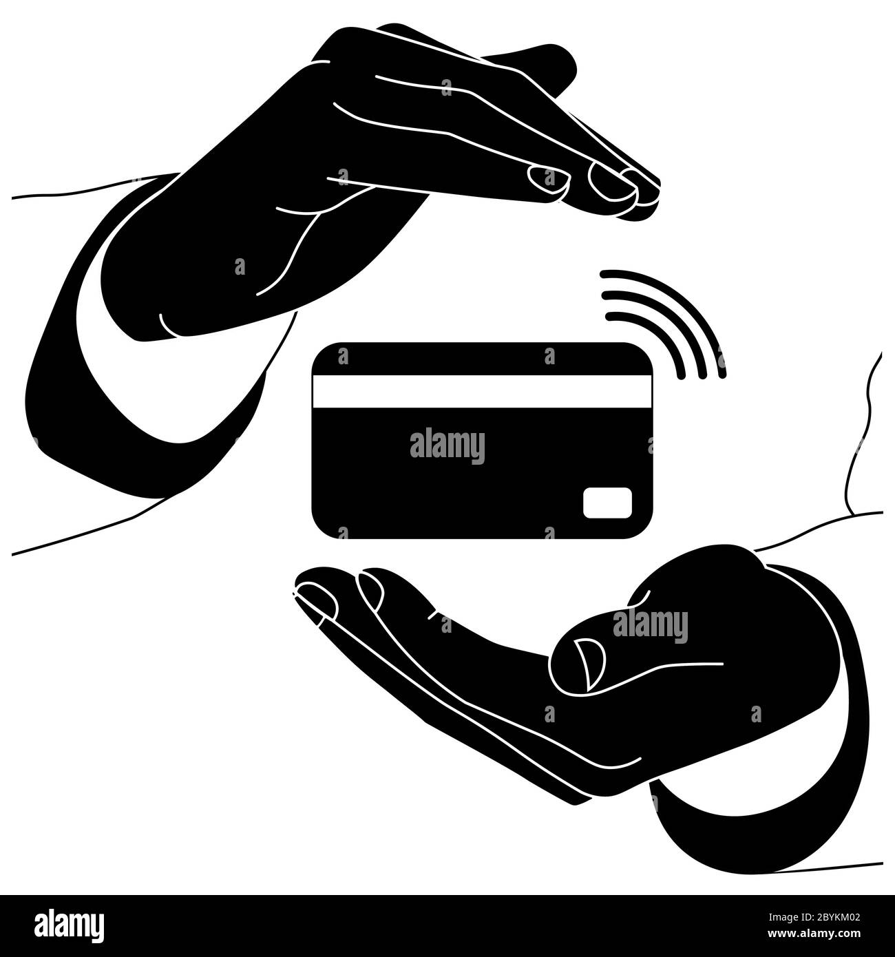 Symbol-Logo der Hände, die kontaktloses Kartenzahlungssystem halten. POS, NSF-Technologie, bargeldlose Zahlung, Kartenzahlung, Symbole in Schwarz auf einem isolierten Weiß Stock Vektor
