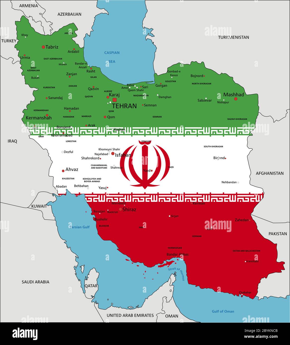 Iran sehr detaillierte politische Karte mit Nationalflagge isoliert auf weißem Hintergrund. Stock Vektor
