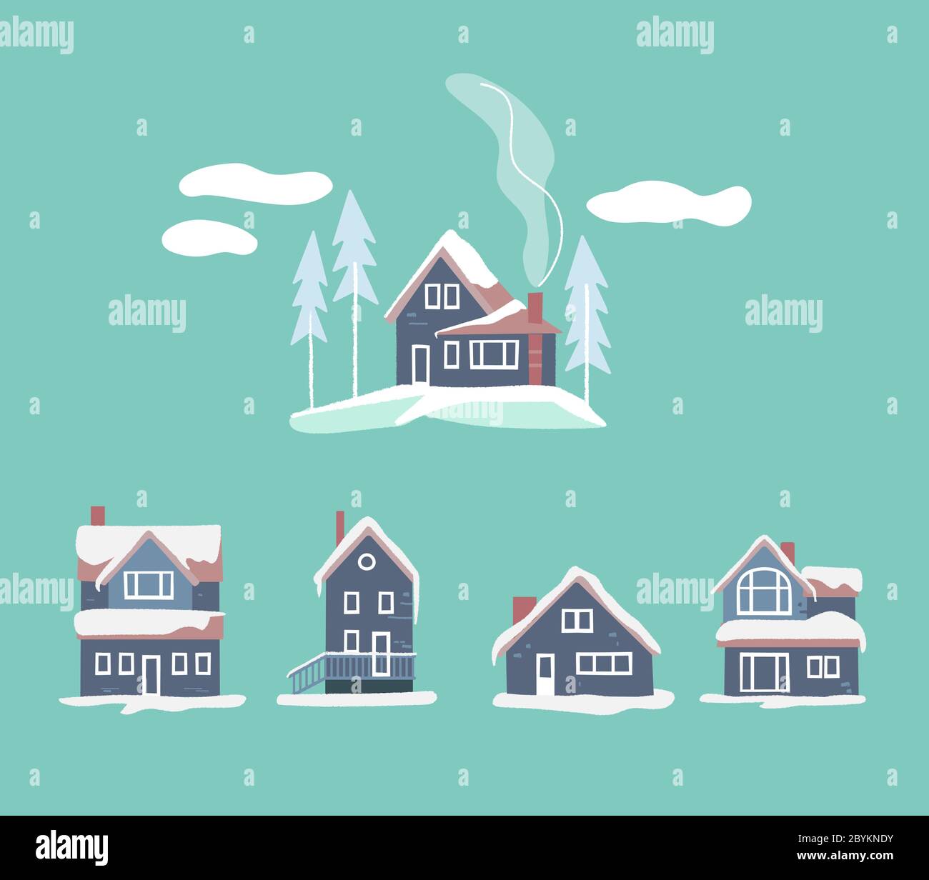 Gemütliche Winterhäuser gesetzt. Verschneite Vektorlandschaft Stock Vektor