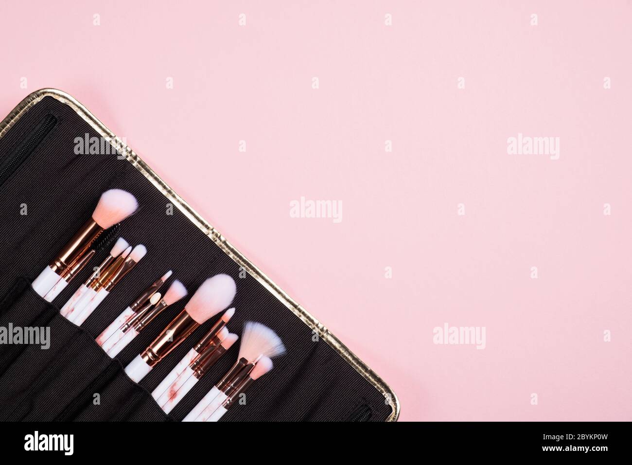 Professionelle Make-up Künstler Pinsel Set in Fall auf rosa Hintergrund. Flach liegend, Draufsicht. Schminke Shop Banner Design. Stockfoto