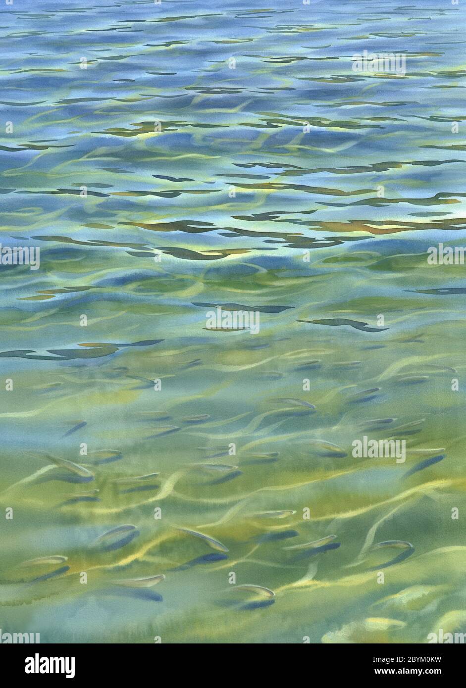 Sonnige Wasser mit transparenten Wellen Aquarell Hintergrund Stockfoto