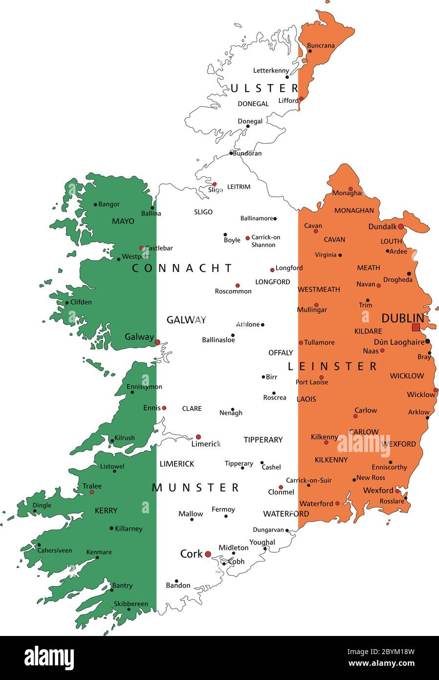 Irland sehr detaillierte politische Karte mit Nationalflagge isoliert auf weißem Hintergrund. Stock Vektor