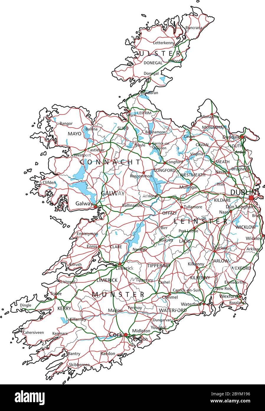 Irland Straßen- und Autobahnkarte. Vektorgrafik. Stock Vektor