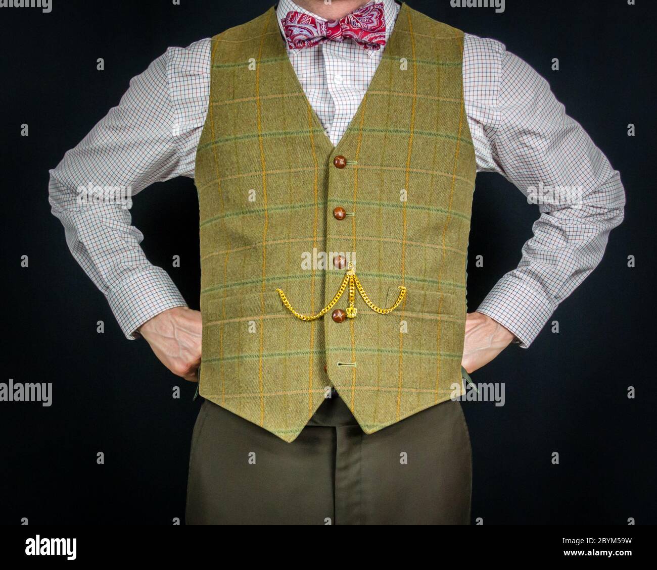 Portrait of man in Tweed Weste und Fliege. Konzept des klassischen und exzentrischen britischen Gentleman. Retro-Mode. Stockfoto