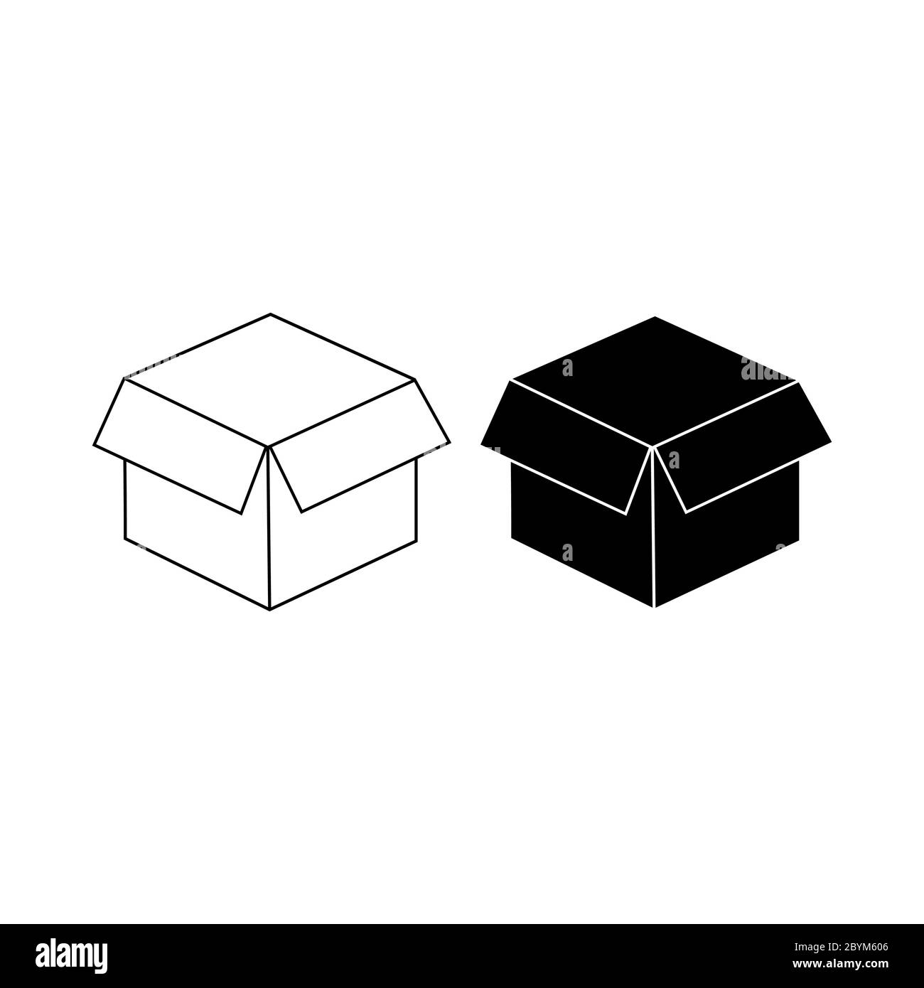 Open Box Symbole für Verpackung oder Lieferung und Versand, offene Verpackung, Unbox in schwarz. Verbotene Symbol einfach auf isoliertem weißen Hintergrund. EPS 10 Stock Vektor