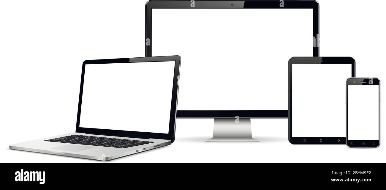 Desktop-Computer, Laptop, Tablet und Smartphone-Modell. Vektorgrafik. Stock Vektor